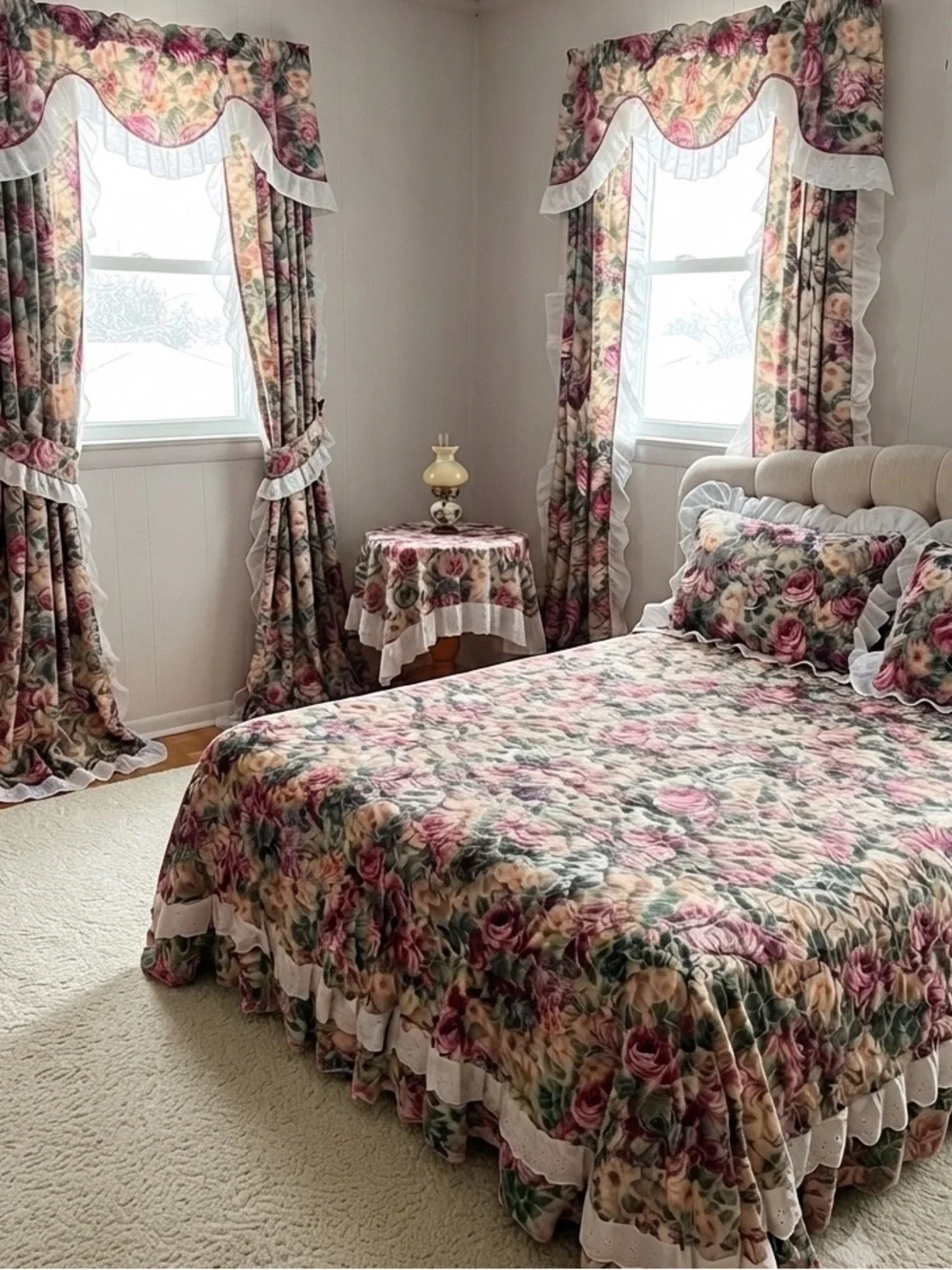 14-Piece Quilted King Size Bedroom Set – Peonies – 100% Cotton